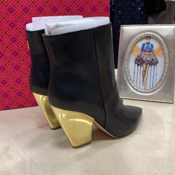 TORY BURCH LILA BLACK CALF LEATHER ANKLE BOOTIE WITH A GOLD SLANTED BLOCK HEEL - Picture 3 of 11